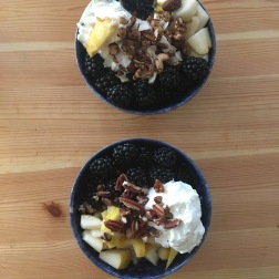 Bluetiful bowls of pear, pecan, and blackberry oatmeal.